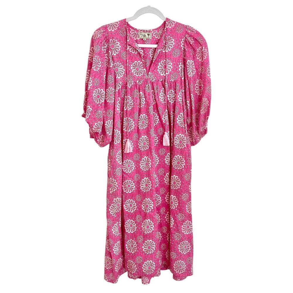 MILLE Resort Saffron Pink Daisy Print Cotton Puff Sleeve Midi Dress Tuckernuck - Picture 8 of 12